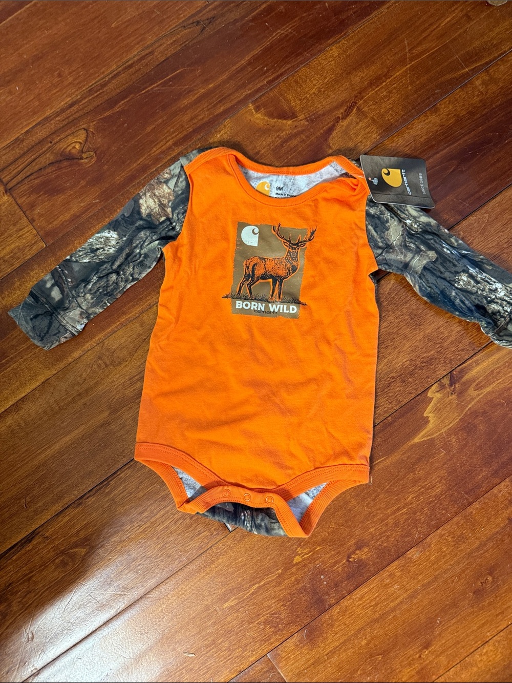 Carhartt Orange Bodysuit with Camo Sleeves - 'Born Wild' Graphic